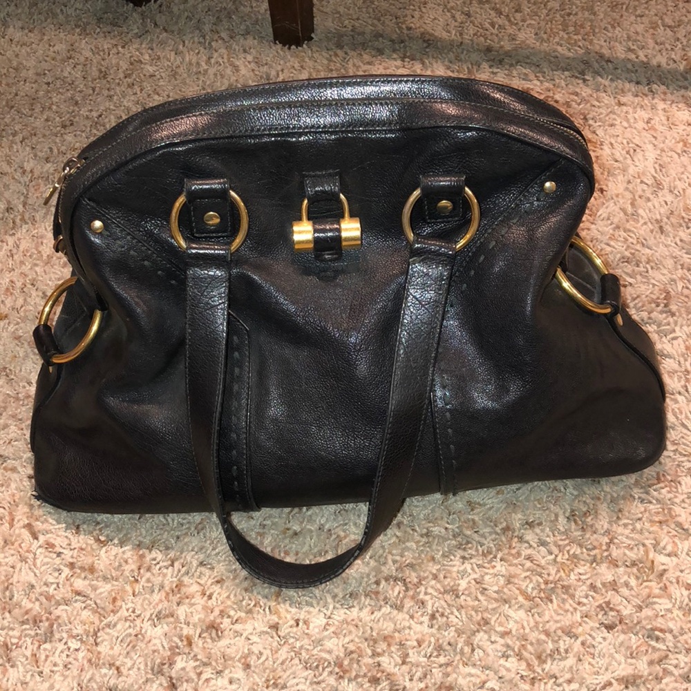 Yves Saint Laurent Black Leather Satchel with Gold Hardware
